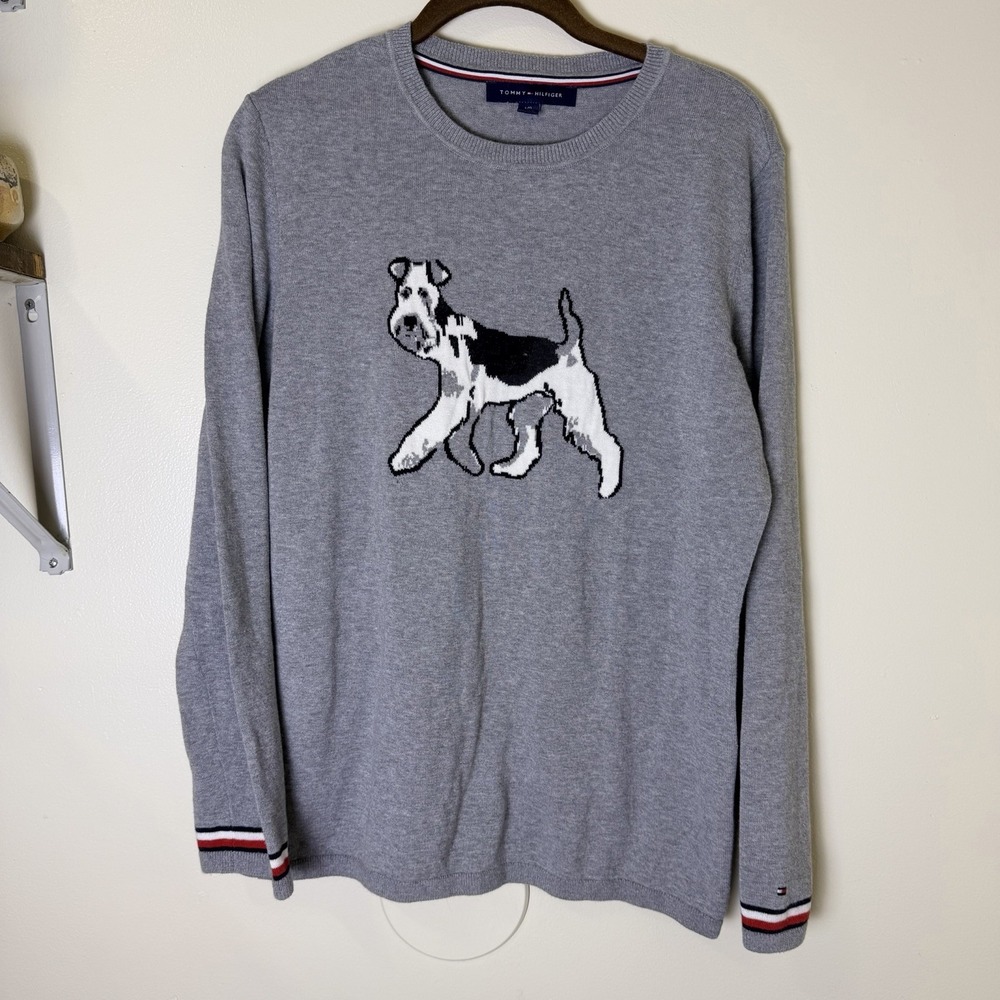 Tommy Hilfiger Women Gray Cotton Terrier Dog Intarsia Knit Sweater Large